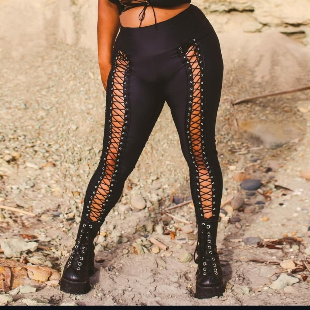 Edgy Black Lace-Up High-Waisted Leggings